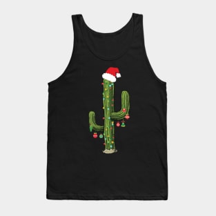 Cactus Christmas Tree Lights Wearing Santa Hat Tank Top